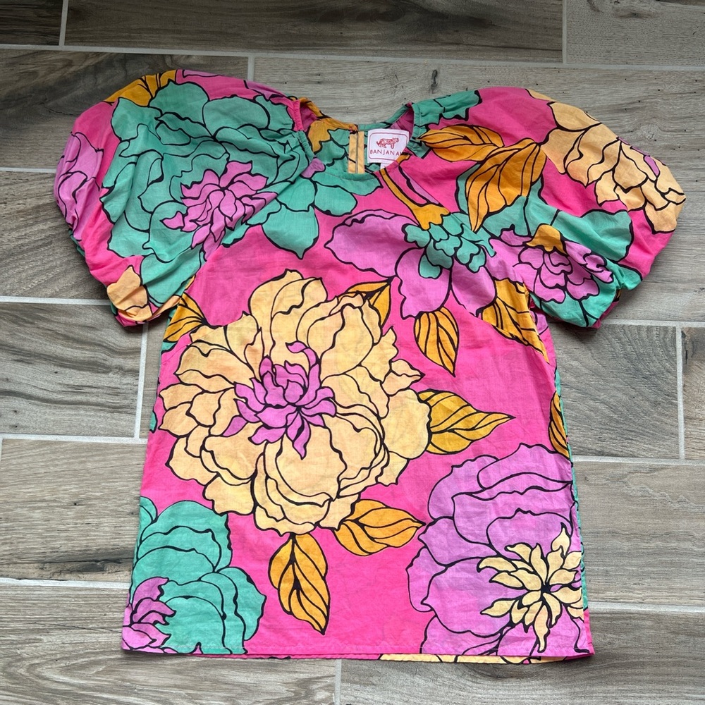 Vibrant Flower Print Puff Sleeve Shirt Euro Summer Resort Wear Banjanan Size XS